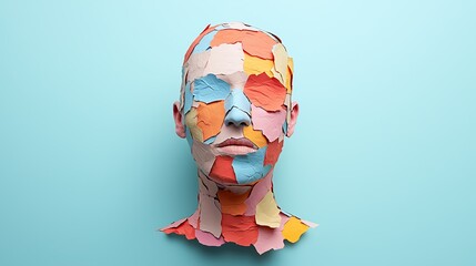 Colorful paper art human face sculpture on blue background, creating a unique abstract and creative visual appeal with vibrant tones.