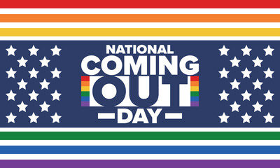 National Coming Out Day. Happy holiday. Pride month. LGBT rainbow flag. Diversity and equality. Gay and lesbian. Free love, heart shape. Illustration. Vector poster