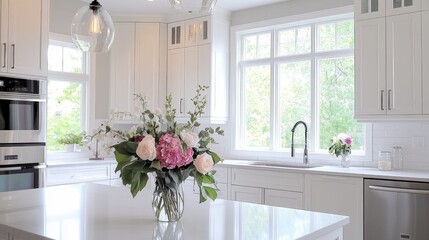 A modern kitchen with white cabinets, a white countertop, and a bouquet of flowers in a glass vase. The kitchen has a large window with a view of the outdoors.
