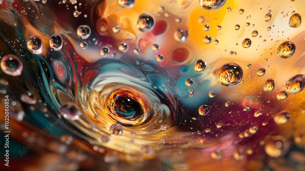 Poster a close-up of oil droplets forming patterns on the surface of water in a laboratory setting