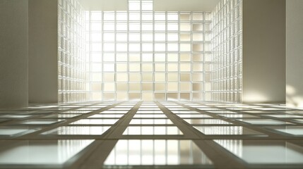 Obraz premium A minimalist glass mosaic made of clear and frosted tiles arranged in a symmetrical grid pattern, illuminated by soft lighting
