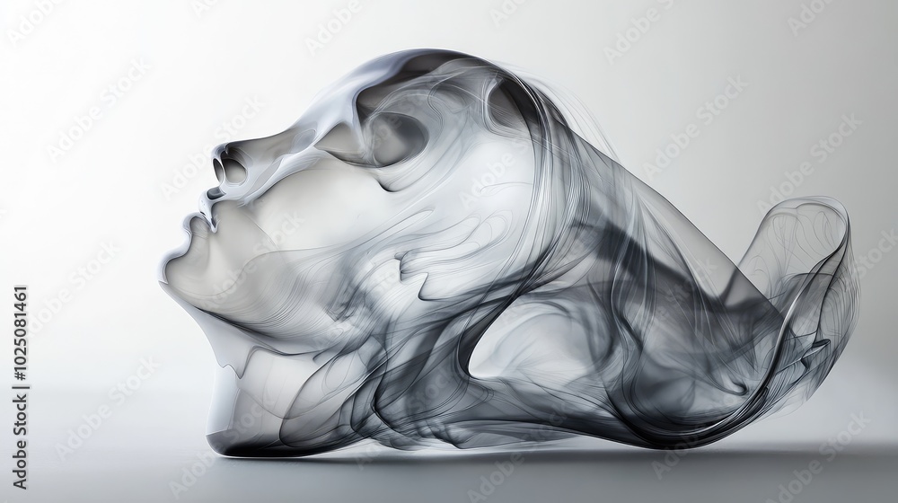 Poster a minimalist glass sculpture with thin trails of smoke wrapping around it, creating an elegant inter
