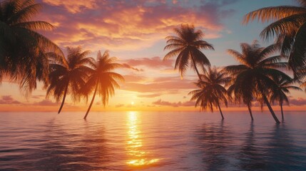Palm Trees Silhouetted Against a Vibrant Sunset Over a Tranquil Ocean
