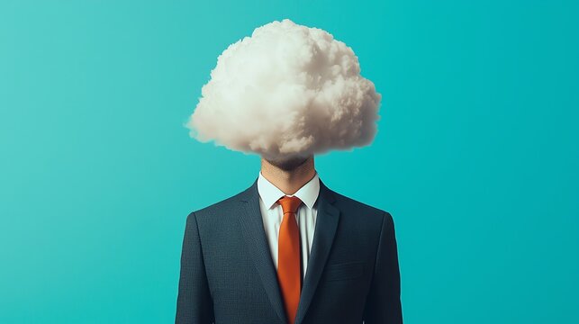 Surreal image of a person in a suit with a cloud covering their head, symbolizing creativity, imagination, and thought. Blue background.