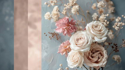 A muted color palette featuring soft rose, dusty blue, warm taupe, and ivory. Offers a gentle and elegant tone suitable for vintage and classic designs.