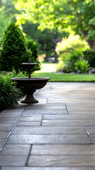 A front view of a garden patio with a small fountain, stone pavers, and a lush green landscape