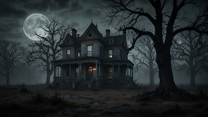 Foggy Night Around a Haunted Mansion with Dead Trees and Full Moon
