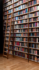 A top view of a home library with builtin bookshelves, a reading nook, and a ladder to reach the higher shelves
