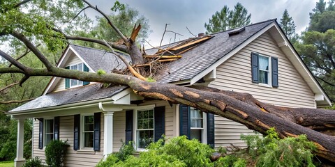 Low angle view of tree falling on house roof during storm, causing insurance damage and mud destruction