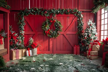 Festive Christmas Decor in a Cozy Red Barn Setting