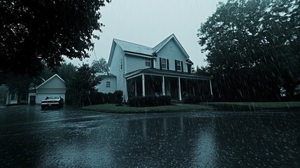 Rainy Day in the Suburbs: A House Under a Stormy Sky