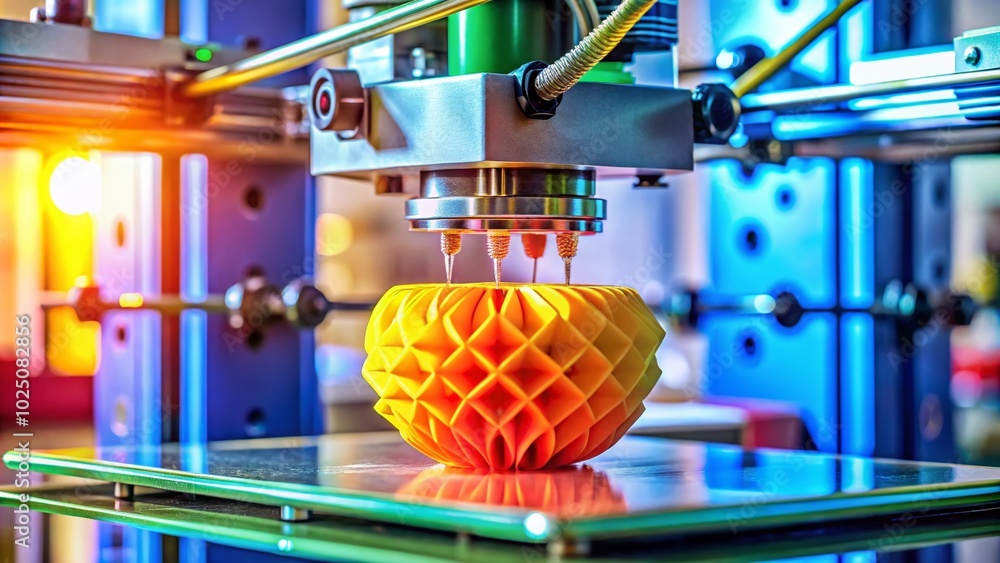 Poster closeup of 3d printer in action: print head creating intricate details in modern manufacturing and p