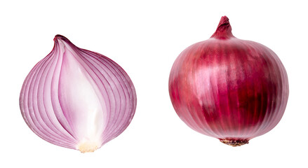 Top view set of big red or purple onion bulb with half isolated with clipping path in png file...