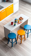 A top view of a family kitchen with a large island, seating for children, and colorful kitchen gadgets