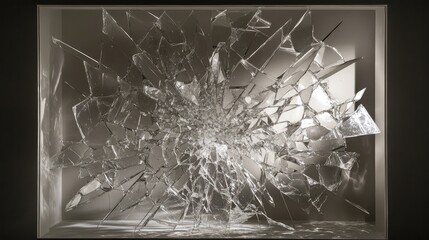A shattered glass window frozen mid-break, with the pieces suspended in air, capturing the chaos of the moment in perfect stillness