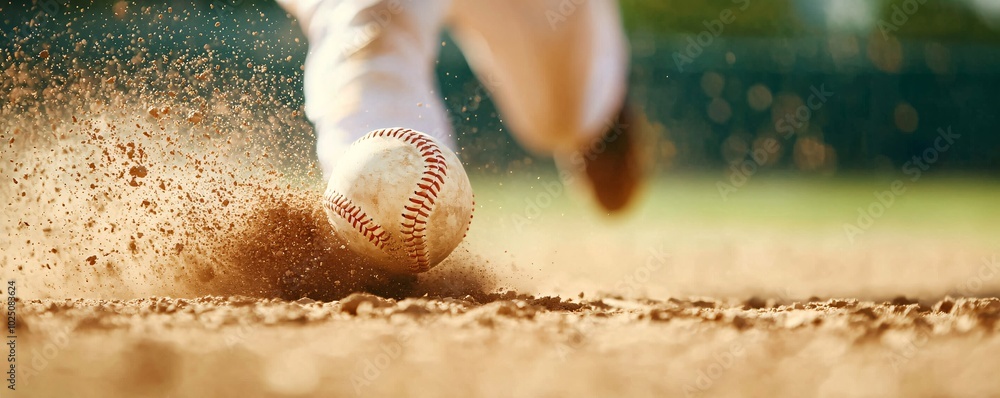 Poster dynamic baseball slide into base - intense teamwork and action on the dirt field showcasing outfield