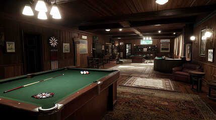 A front view of a game room with a pool table, dartboard, and a seating area for guests