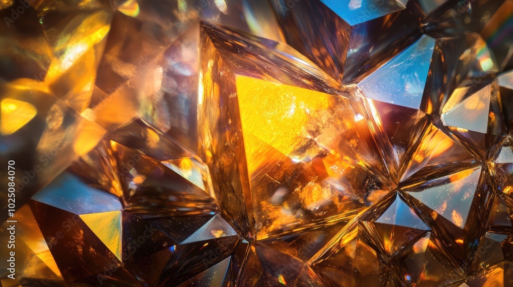Poster a stunning macro shot of a glass crystal with intricate facets reflecting light, creating a dazzling