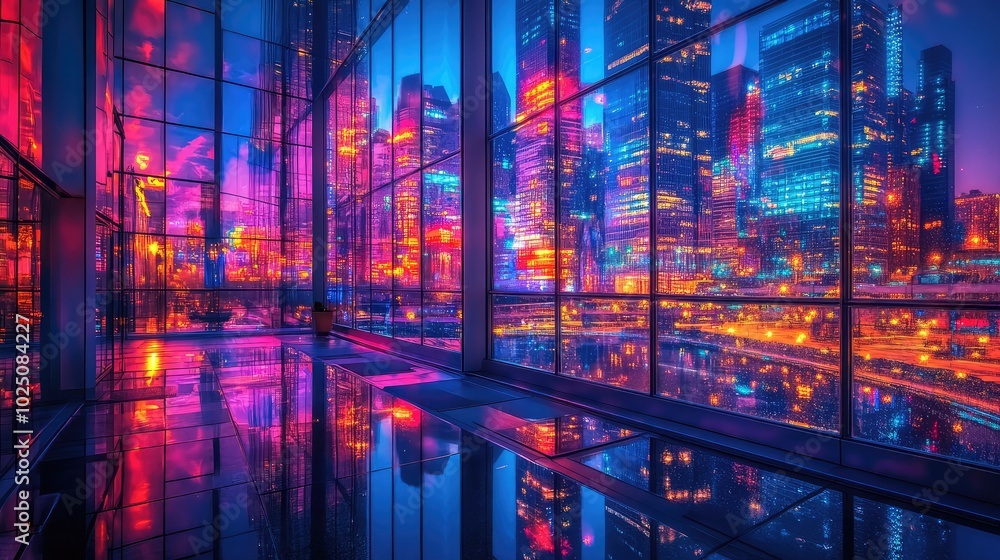 Wall mural A stunning night view of a city skyline reflected in a glass building, showcasing vibrant lights and colors from the bustling streets below