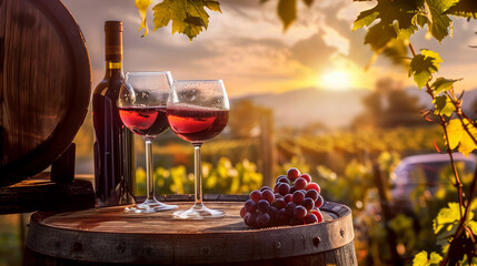 Red wine bottle and two glasses accompanied by a cluster of grapes, set against barrels in a wine tasting room. Area for text.