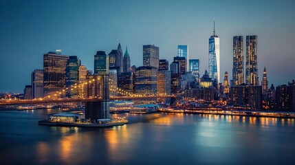 Obraz premium A panoramic view of the New York City skyline at twilight, with the iconic Brooklyn Bridge in the foreground.