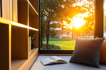 A side view of a cozy home office with a window seat, builtin storage, and a view of the garden