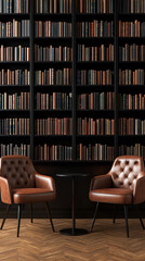 A front view of a luxury home office with dark wood furniture, leather chairs, and a large library wall filled with books