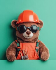 Fototapeta premium Cute bear in hard hat and goggles, cheerful construction theme.