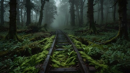 Obraz premium Forgotten Railway Tracks Lost in Greenery: Serene and Eerie Overgrown Path in the Mist