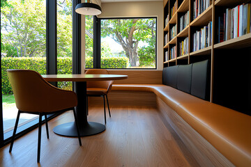 A side view of a cozy dining nook with a round table, cushioned bench seating, and builtin bookshelves
