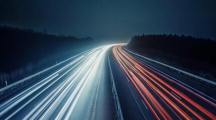 A long exposure shot of a highway with streaking light trails of traffic passing through the city at night. The city skyline glows brightly in the distance.