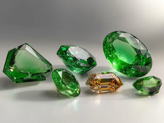 Fototapeta premium Vivid green emeralds and golden gemstone are beautifully arranged, showcasing their stunning clarity and brilliance. rich colors and intricate cuts create captivating display of luxury and elegance