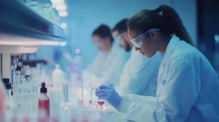 Diverse lab technicians working together to analyze drug synthesis results, Drug Discovery, teamwork, lab research, scientific collaboration