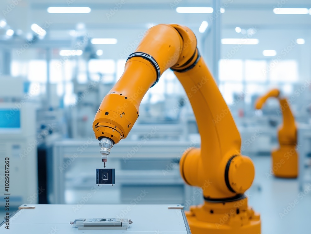Poster a close-up of a robotic arm in a modern factory setting, showcasing advanced technology in automatio