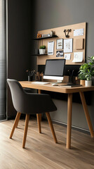 A side view of a creative home office with an inspiration board, plants on the desk, and a cozy reading corner