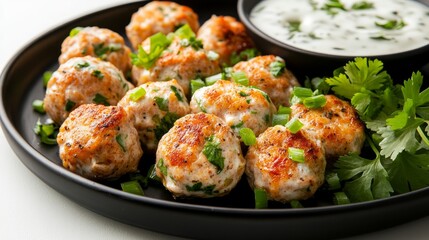 A plate of cooked, crispy chicken meatballs with fresh parsley and green onions, served with a side of creamy white dipping sauce.