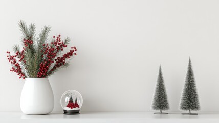 A modern holiday decor featuring winter greenery, a snow globe, and stylish tabletop trees, creating a festive atmosphere.