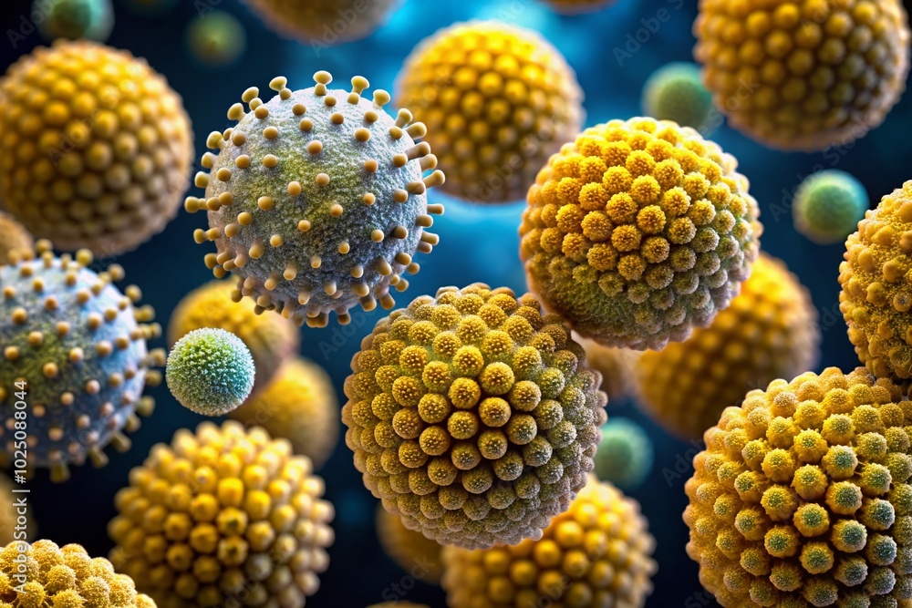 Poster close-up view of pollen grains under a microscope showing detailed structure and texture patterns
