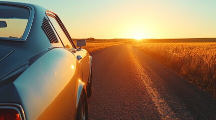 Obraz premium Classic Car on a Country Road at Sunset