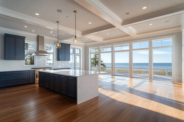 Obraz premium A top view of a coastal kitchen with blue cabinets, a white marble island, and windows overlooking the sea