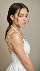 Obraz premium Seductive woman in a low-cut dress, sexy wife, hot skin, perfect body curves, feminine and full of emotion.