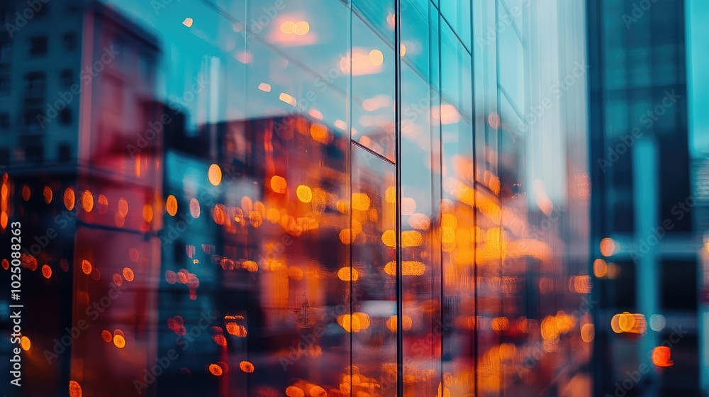Poster an abstract shot of overlapping glass surfaces reflecting city lights, creating a complex interplay 