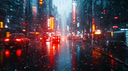 Fototapeta premium A rainy city street at night with glowing neon lights and blurred car headlights reflecting off wet pavement