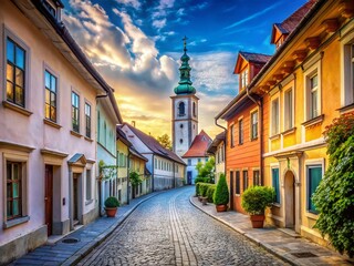 Obraz premium Cobblestone Street and Church Tower under Blue Sky in Kamnik Slovenia - Afternoon Serenity and Scenic Beauty