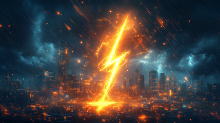 Fototapeta premium A massive electric lightning bolt strikes a futuristic city during a storm with glowing, electrifying energy
