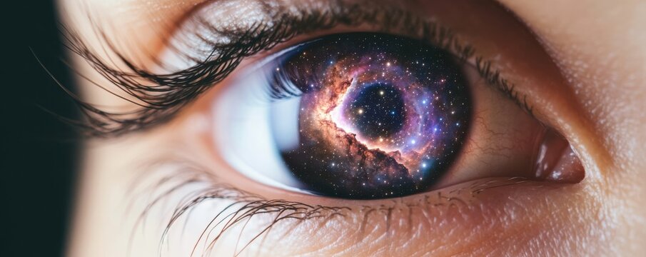 A captivating close-up of an eye reflecting a galaxy, symbolizing wonder and the connection between humanity and the cosmos.