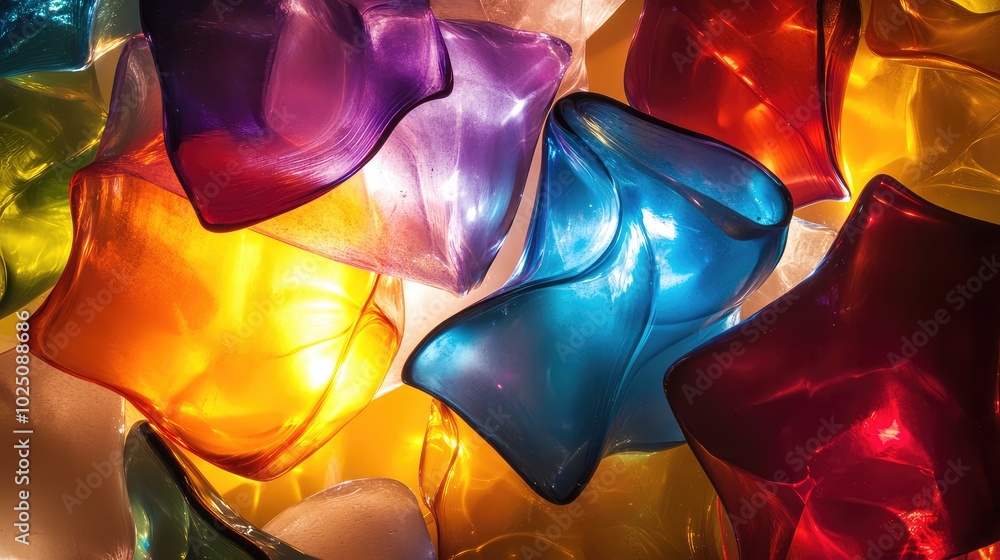 Poster an abstract view of melted glass pieces illuminated from behind, highlighting their transparency and