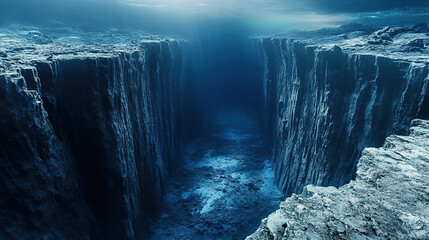 A rare underwater view of the Mariana Trench in the Pacific Ocean, in a realistic photographic style, showcasing the deepest part of the Earth's oceans