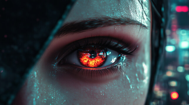 A close-up of a human eye with a fiery, glowing red iris in a cyberpunk style, evoking futuristic and artificial intelligence themes