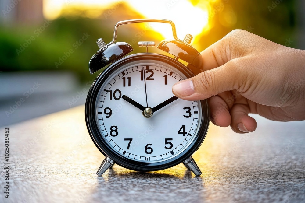 Poster detailed close-up of a personâ€™s hand turning off an alarm clock at 5 am, showing the soft light of